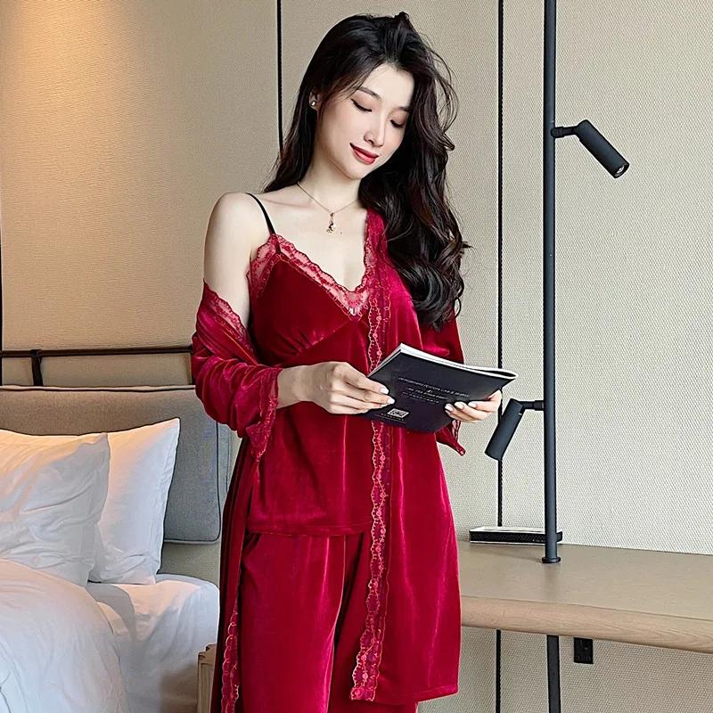 Women Velour Pajamas Set Red Lace 3PCS Sleepwear V-neck Bathrobe Suit Autumn New Arrival RobeTopsPants Casual Pijamas Home Clothes