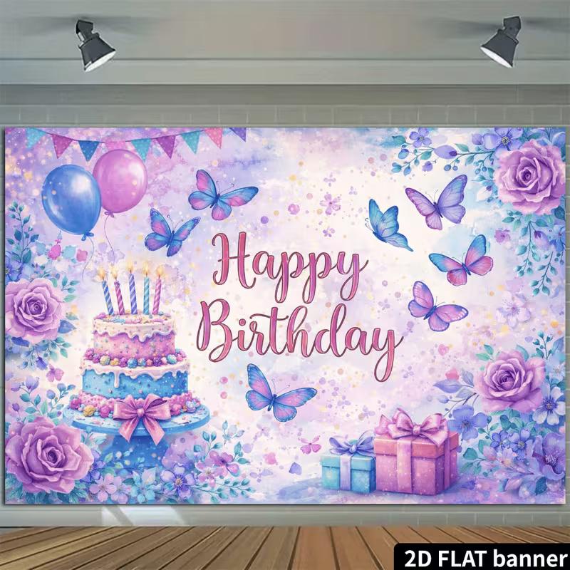 2D Cute Watercolor Butterfly Happy Birthday Backdrop Banner Party Decoration