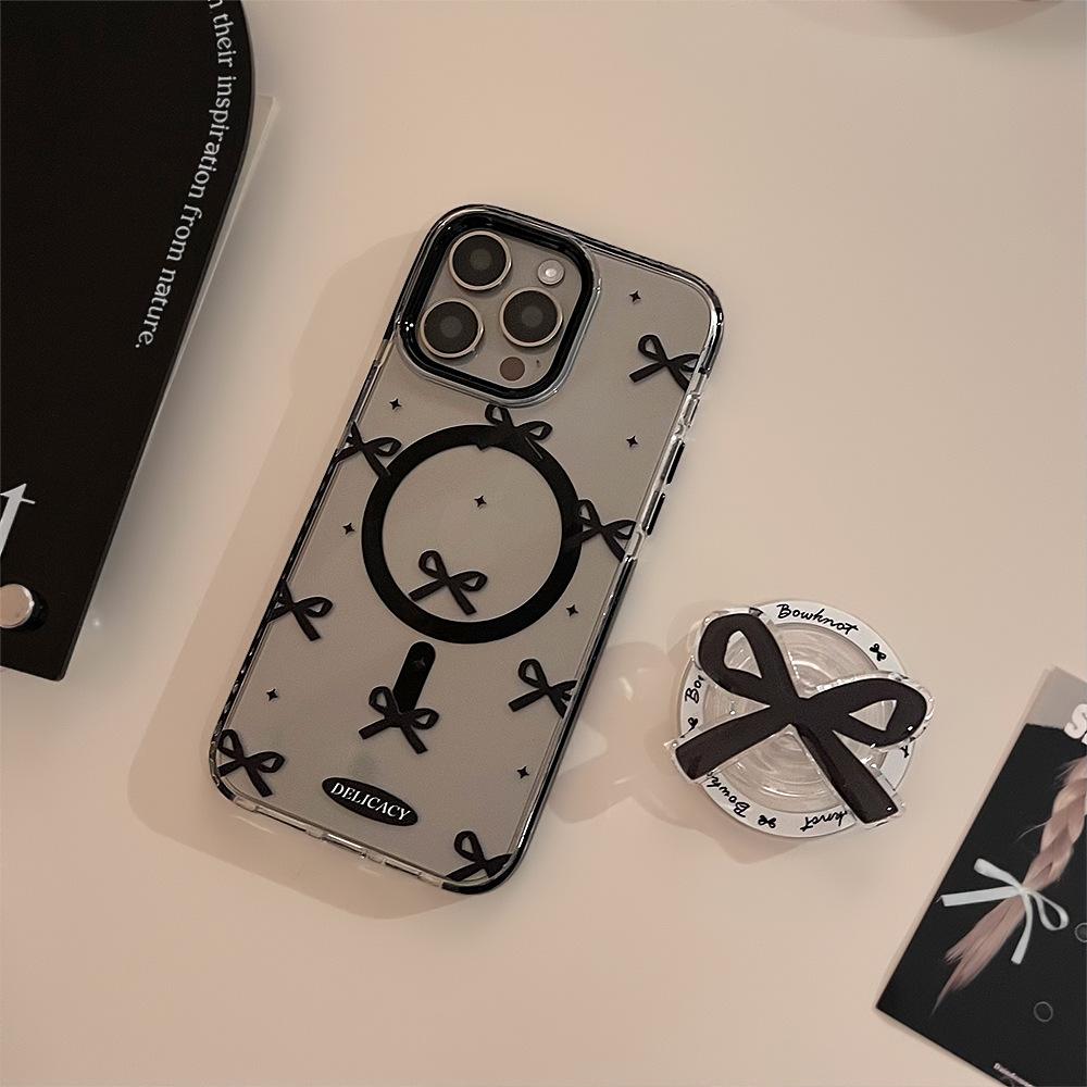 Черный бант Магнитный чехол на присосках 15Promax Прозрачный чехол для iPhone 14 Подходит для 13 Advanced 12 Подставка 16