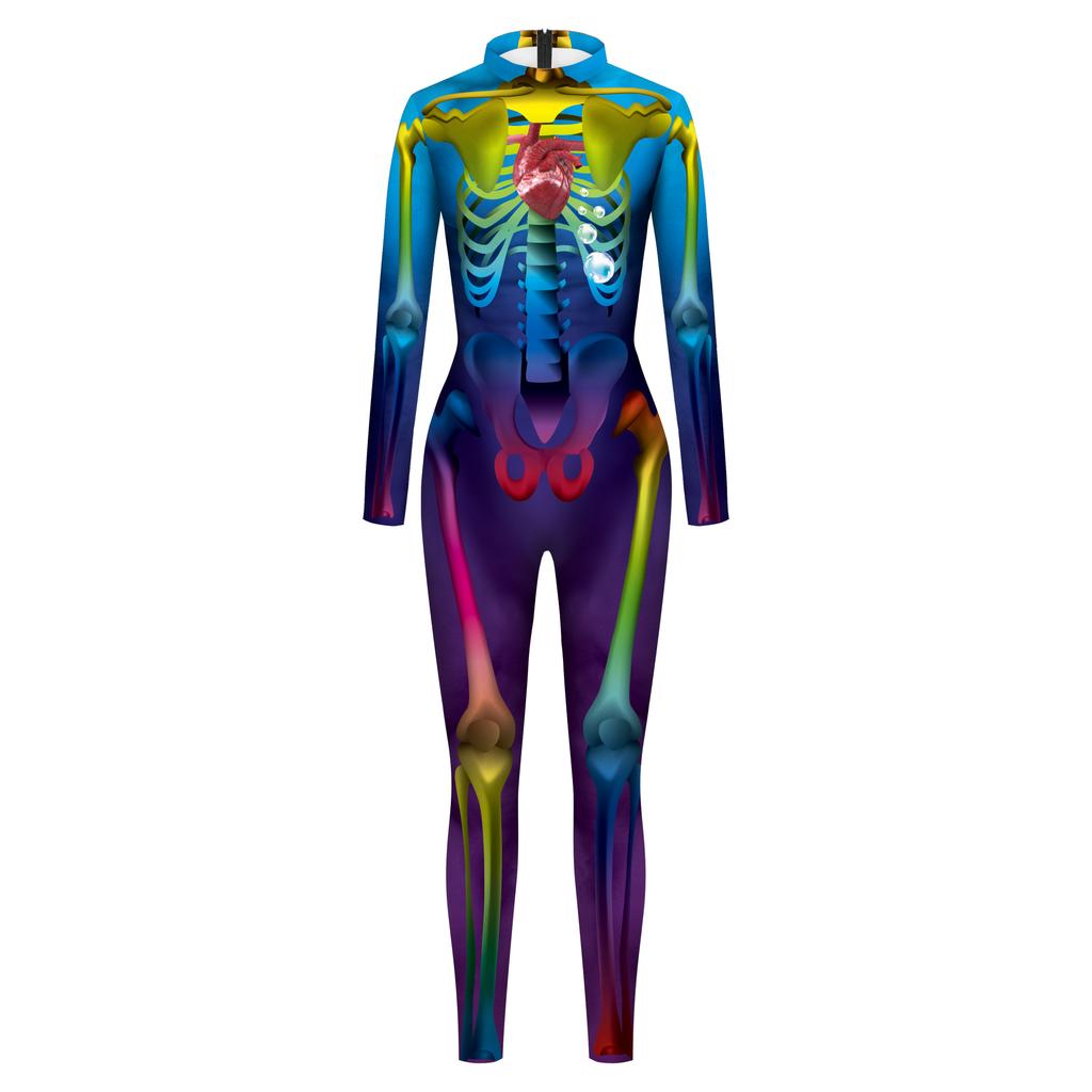 Scary Skeleton Printed Bodysuit Halloween Party Cosplay Costume for Adult Jumpsuit Zentai Catsuit Carnival Clothing