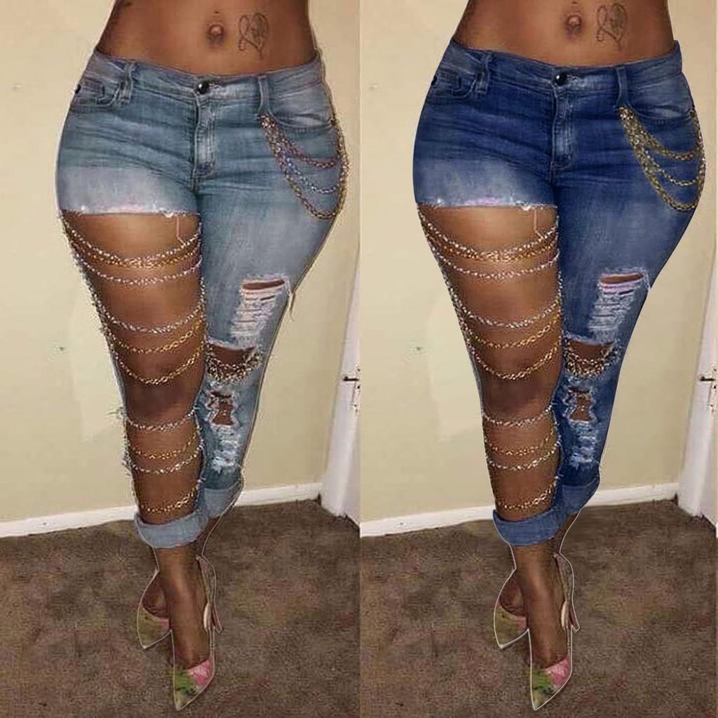 Fashion Women Solid Slim Denim Ripped Chain Big Hole Jeans Trousers Pencil Pants