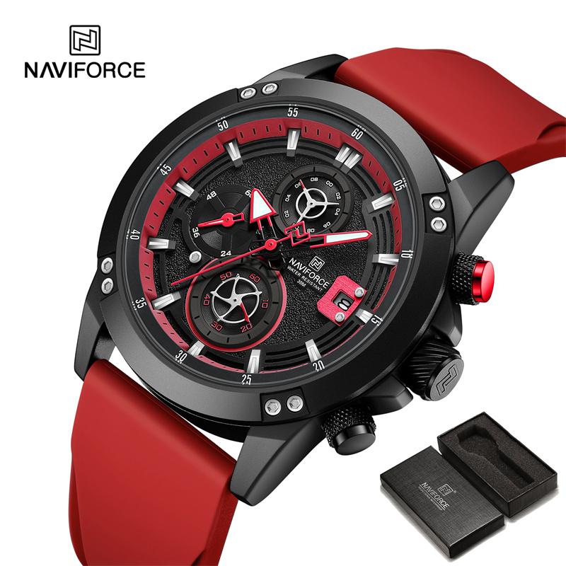 Naviforce Мужские часы с водонепроницаемым резиновым силиконовым ремешком, хронограф, наручные часы 8033