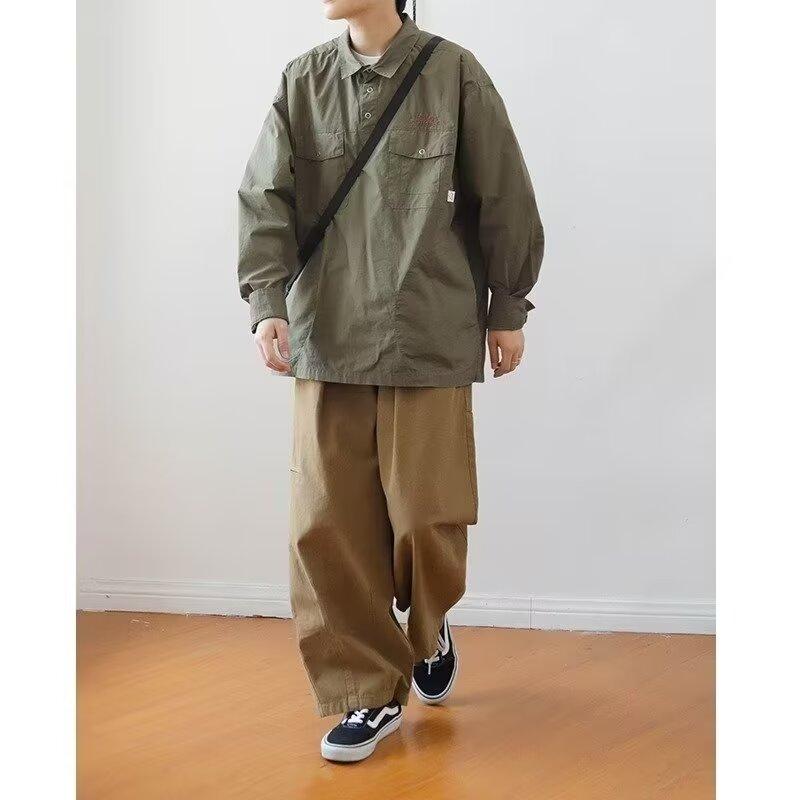 Japanese Retro Simple Letter Embroidered Shirt Men's Long Sleeve Lapel Multi-Pocket Casual Shirt Spring and Autumn Coat