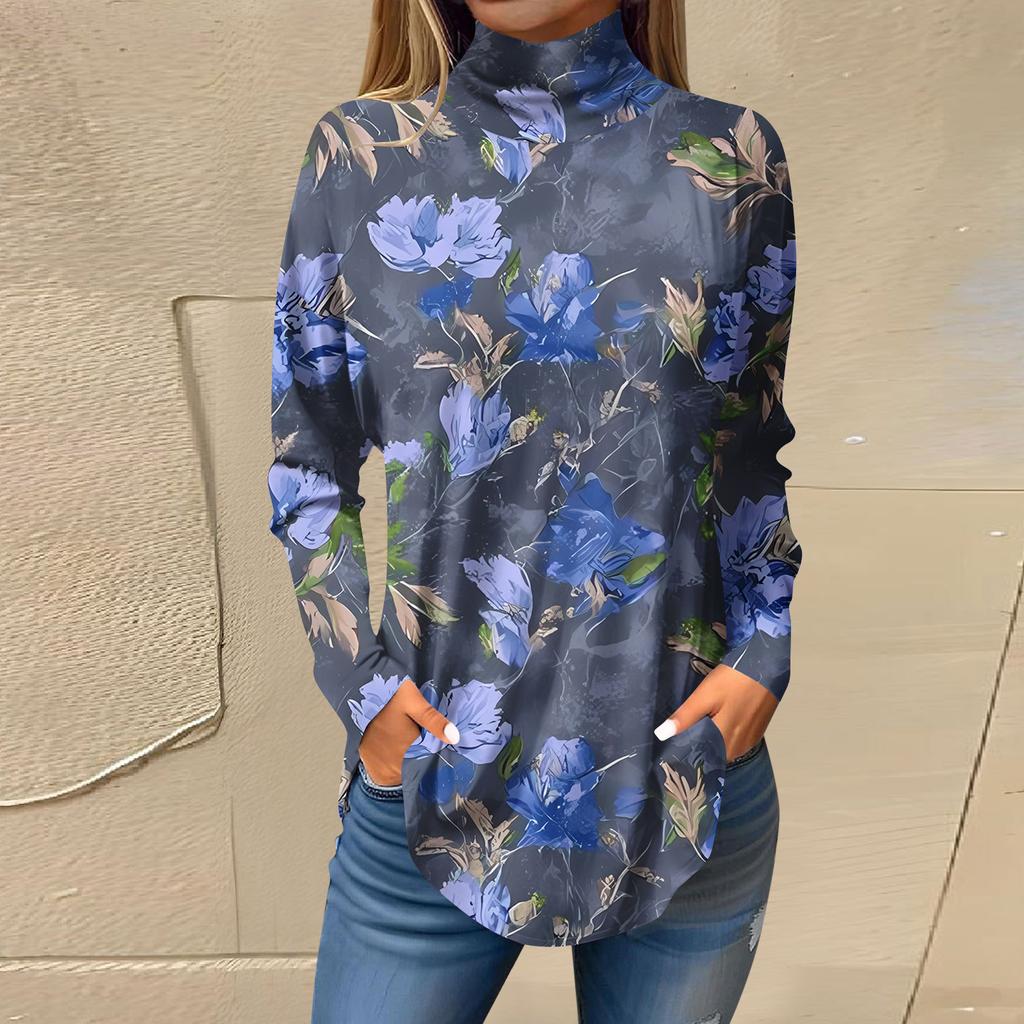 Футболки для женщин, осенние повседневные рубашки с длинными рукавами, толстовка с винтажным принтом, топ с высоким воротом, пуловер