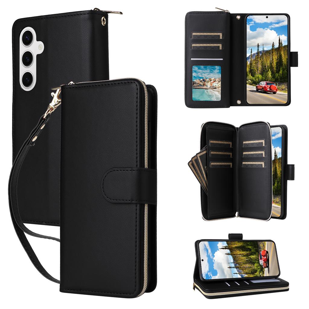 R20 For Samsung Galaxy S24 Case Zipper Leather Phone Cover with 9 Card Slots