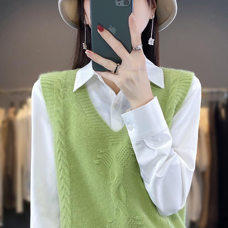 Женский вязаный свитер-жилет с V-образным вырезом, модный и универсальный жилет без рукавов, жаккардовый базовый топ для осени и зимы