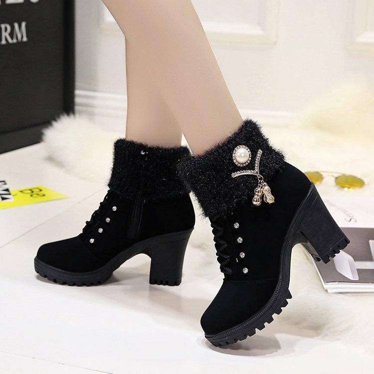 Winter New Rhinestone High Heel Coarse Heel Hairy Mouth Short Plush Martin Women's Large Size Women's Shoes