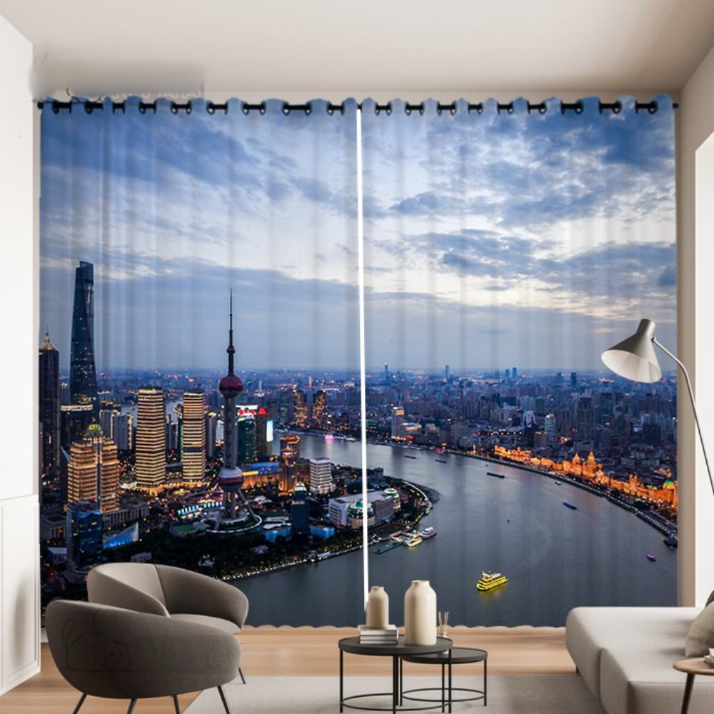 Ночной вид на город Гонконг, занавеска с изображением международного города, фотоукрашение, макет занавески, 3D стерео, занавеска для окна гостиной, 2 шт.