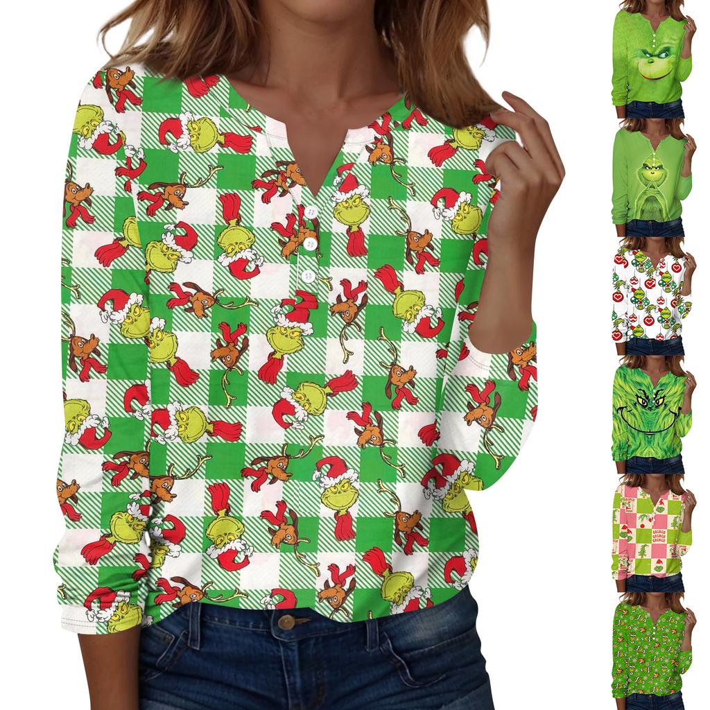 Women's Fashion Casual V-Neck Long Sleeve Decorative Button Christmas Print Top