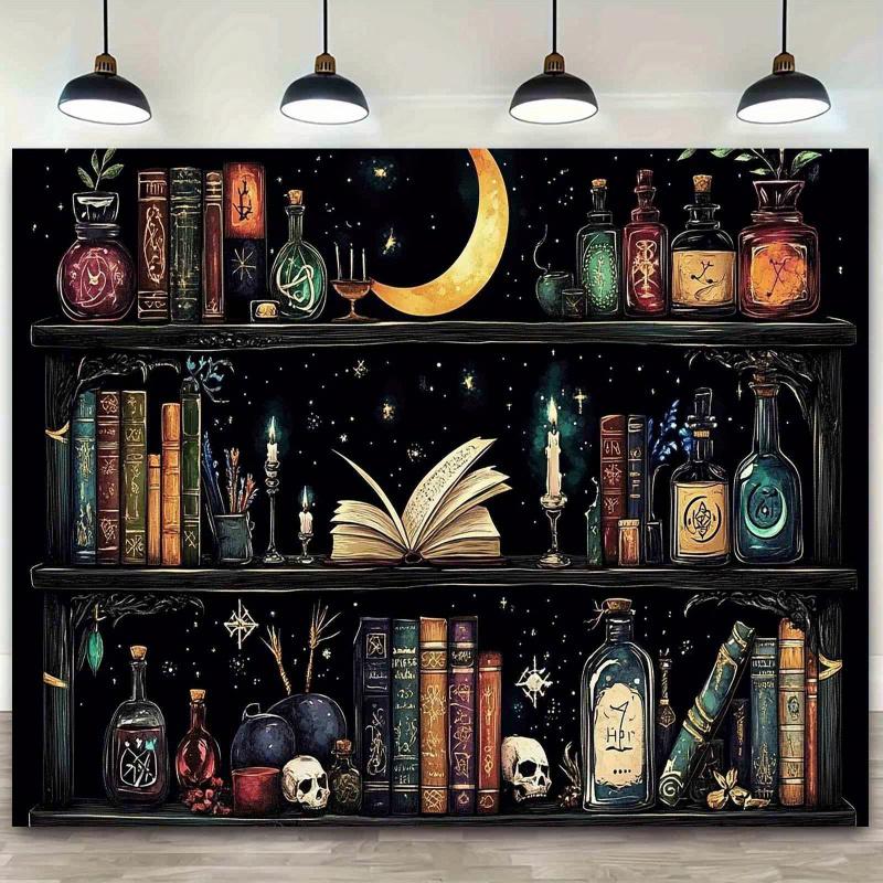 VIKAMA Moon And Star Wizard Bookshelf Tapestry Dark Decor Backdrop Bedroom Headboard Wall Cloth Dorm Room Decoration