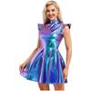 Women's Halloween Party Dress - Shiny Metallic A-line with Mock Neck & Cap Sleeves Fashion Bar Club Wear