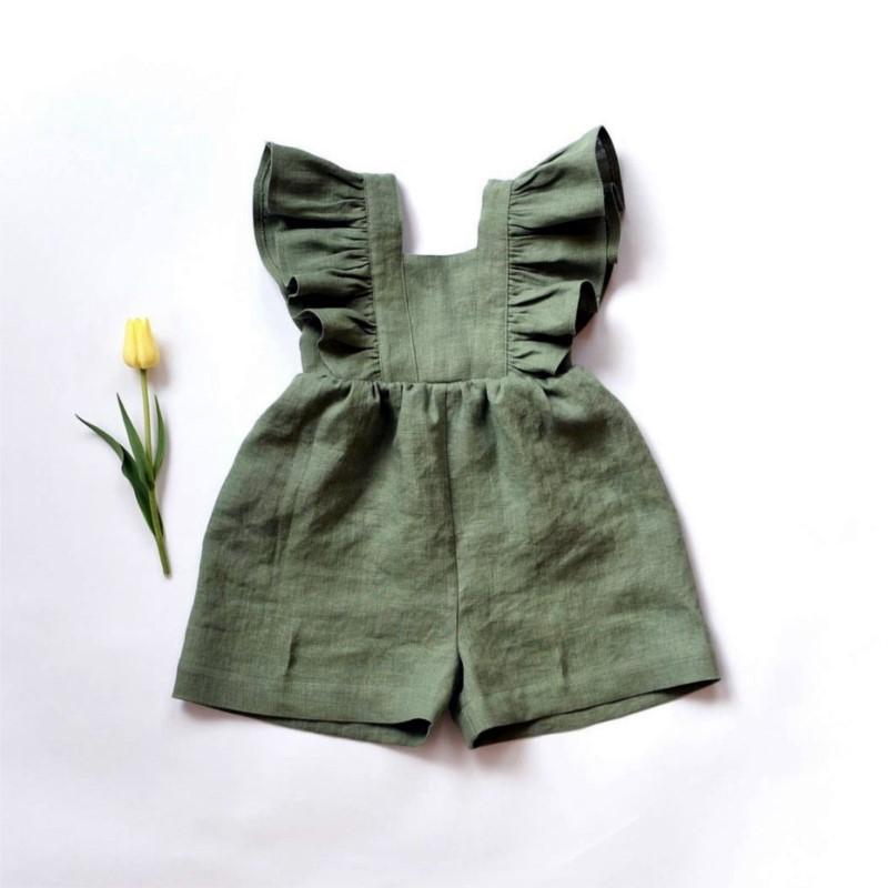 Fashion Baby Girl Linen Cotton Ruffled Jumpsuit Summer Infant Toddler Child Strap Romper Outfit Solid Color Baby Clothes 0-3Y