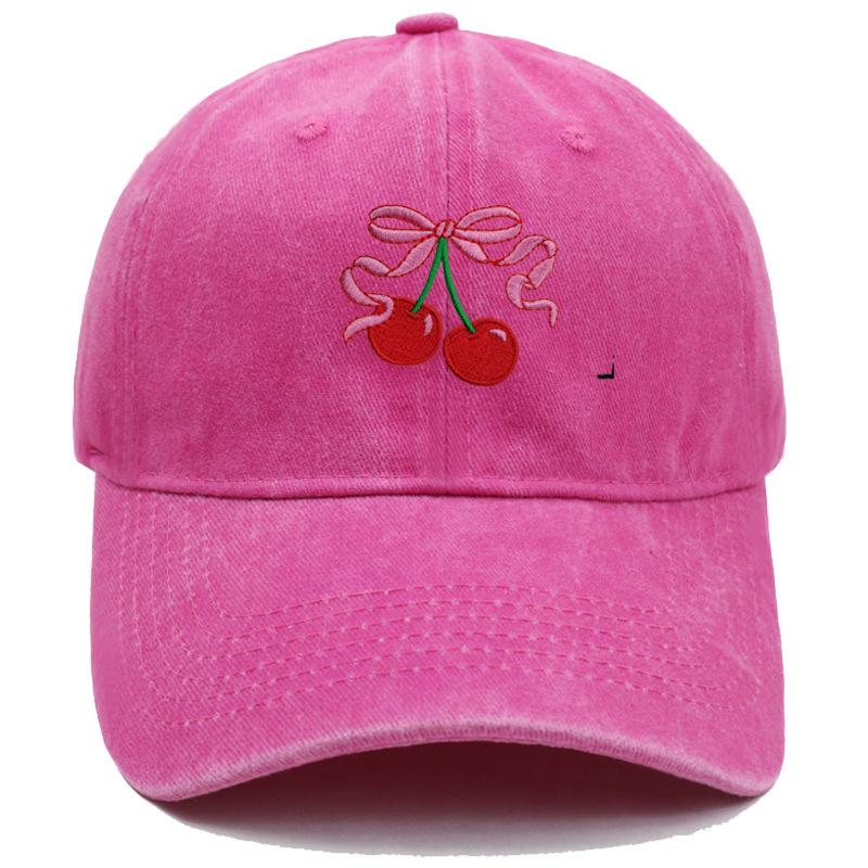 Vintage Washed Cherry Bow Embroidery Baseball Cap Unisex Adjustable Curved Brim Dad Hat Cute Fruit Women Casual Outdoor Sun Hat