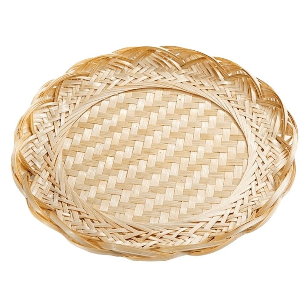 Round Woven Bamboo Tray Scalloped Edge Fruit Snack Serving Tray Kitchen Storage
