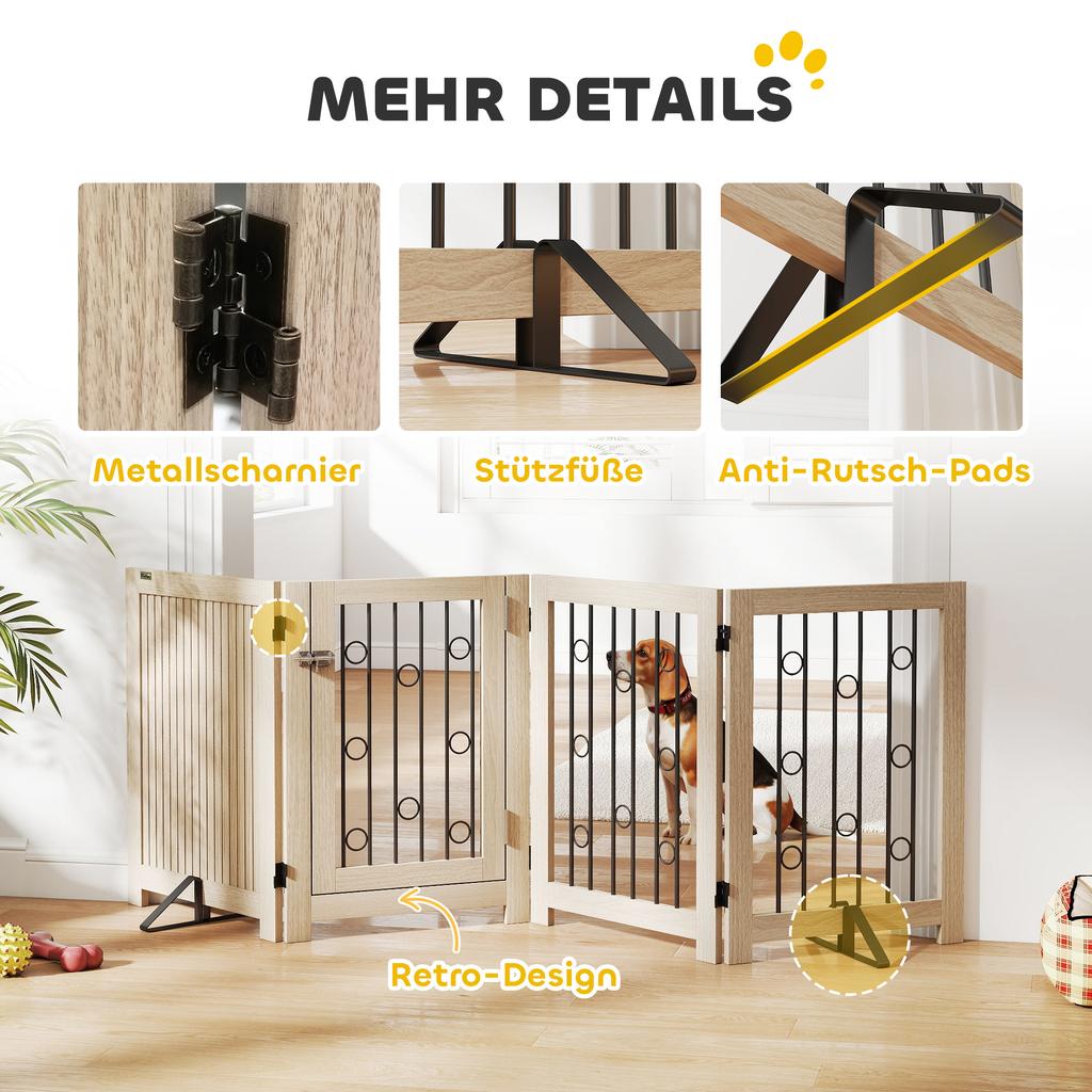4 Panel Freestanding Pet Gate, Indoor Dog Barrier with Lockable Door, Support Feet, 360 degrees Flexible Hinges, Oak