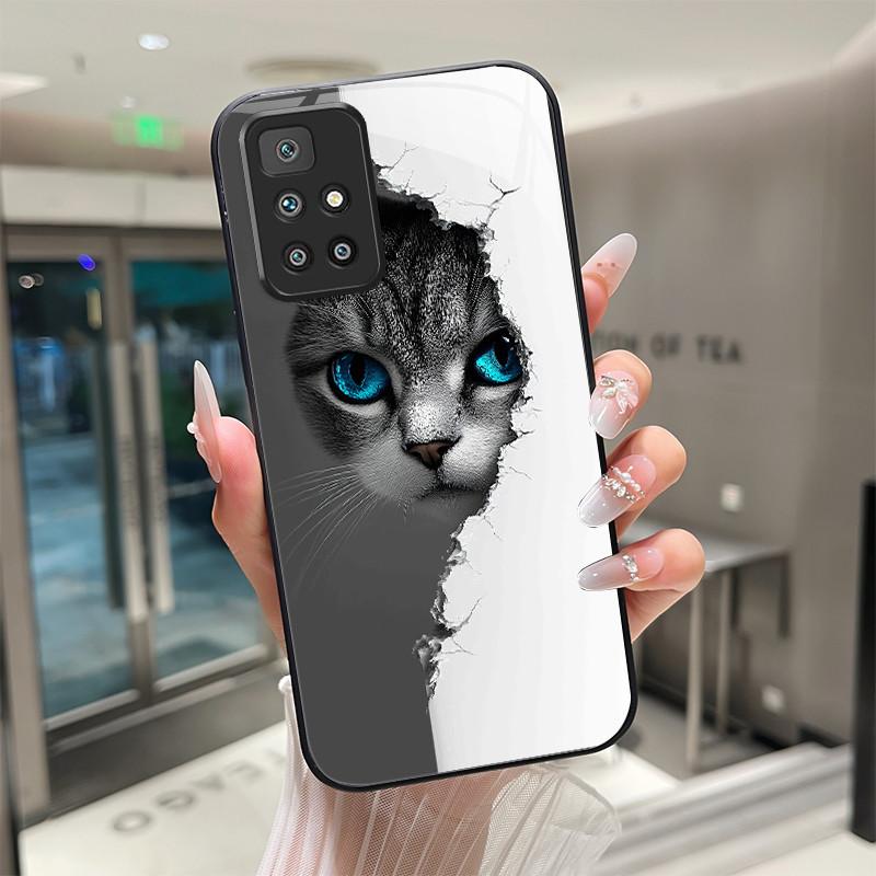 For Xiaomi Redmi 10 Prime 2022 Phone Case Tempered Glass Hard Shell flower Cute cats Coque For Redmi10 10Prime 2022 Back Cover