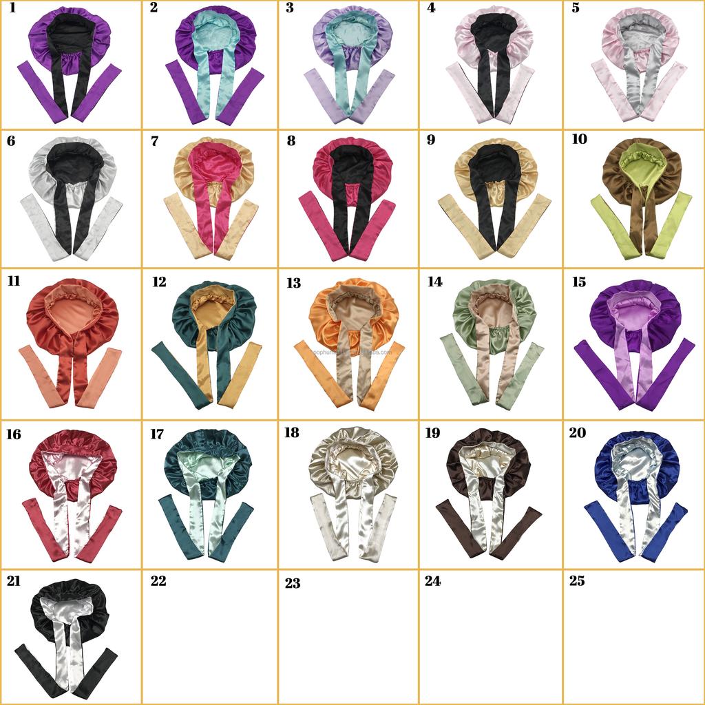 Plain Women Designer Satin Bonnets Long Tie Sleeping Bonnets and Satin Hair Wraps Silk Bonnets and Edge Wraps