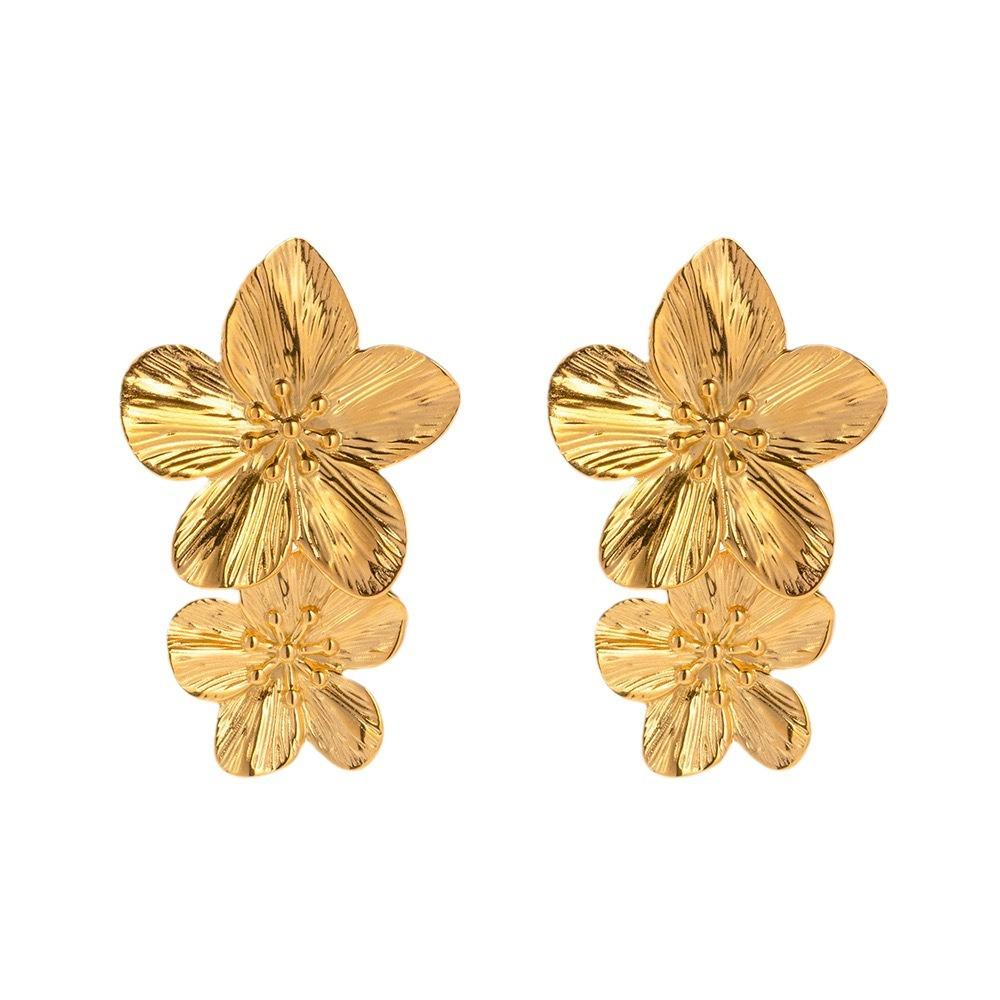 Vintage Gold Color Metal Flower Drop Earrings for Women Statement Stylish Exaggerated Simple Two Flower Zircon Gifts