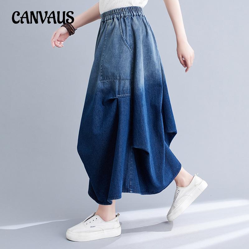 Весенне-летняя женская джинсовая юбка больших размеров, удобная эластичная талия, тонкая юбка средней длины, большая распашная юбка, повседневная юбка до половины тела