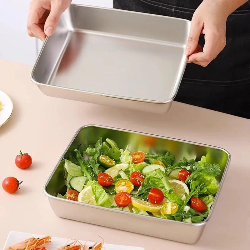 Stainless Steel Square Plate With Lid Rectangular Food Storage Pan Commercial Dish Tray Large Freshing Lunch Box Container