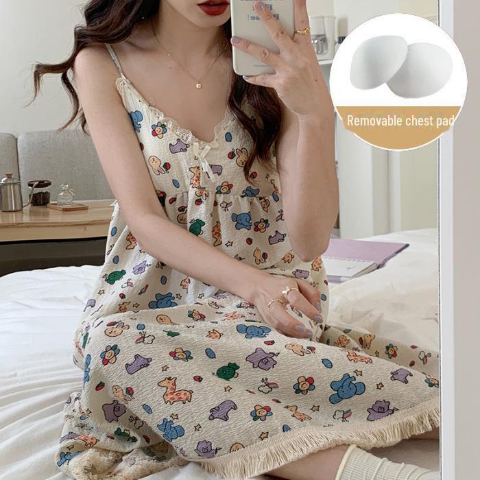 Летняя ночная рубашка с цветочным принтом и нагрудными подушечками - Милая, свободная, средней длины пижама