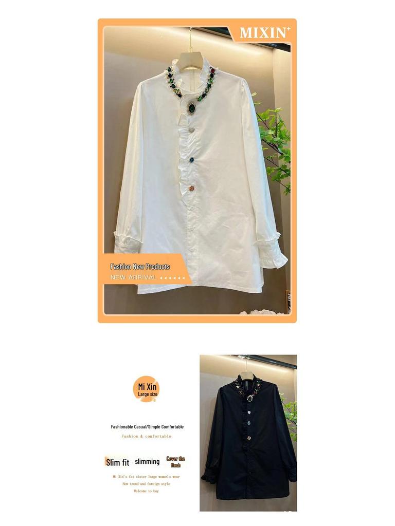 Женская рубашка больших размеров с длинным рукавом, воротником-стойкой и отделкой хотфикс - Зрелый стиль, Однотонная, Универсальный топ