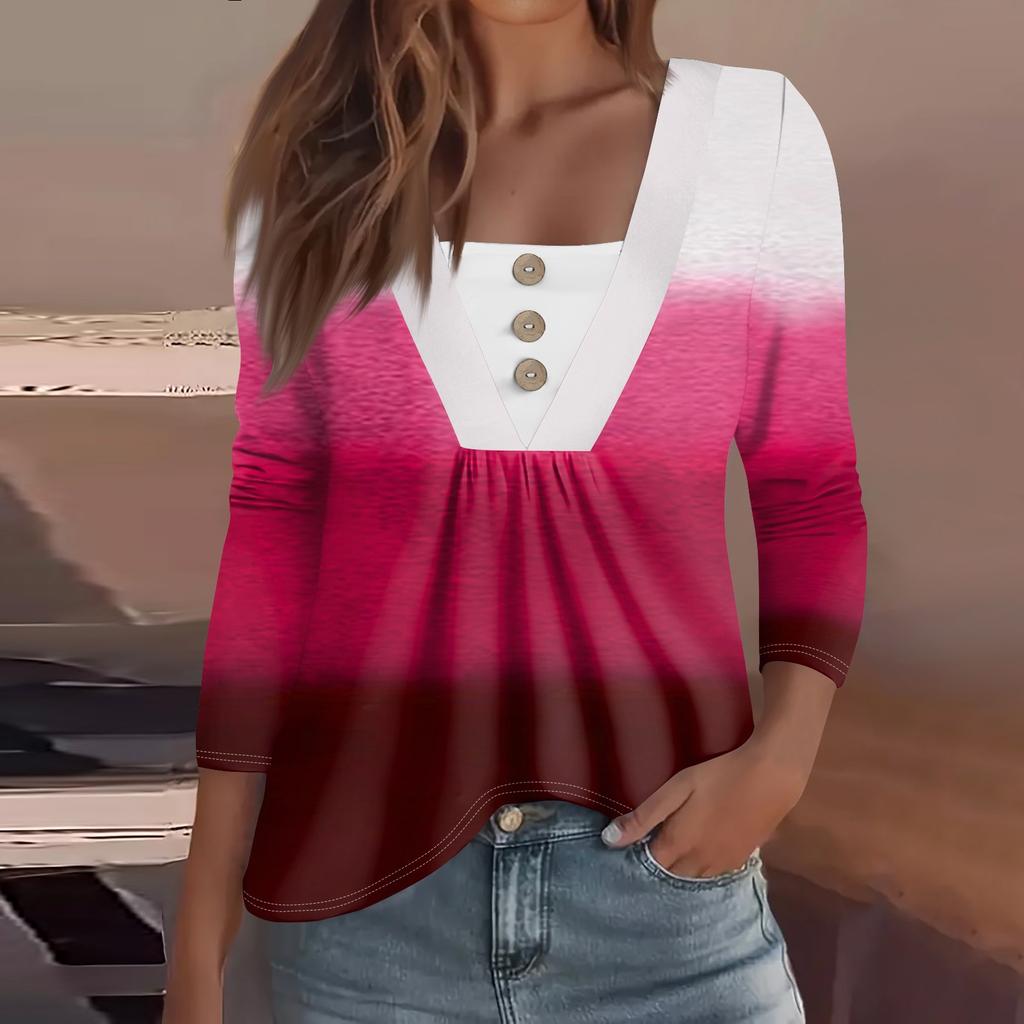 Women's Fashion Casual Long Sleeve Shirt Gradient Printed Button V Neck Up Tops