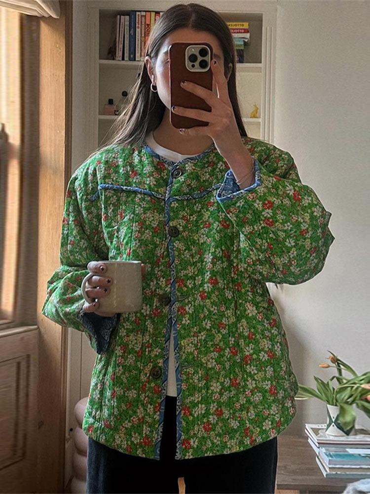 New Floral Printed Long Sleeve Jacket Women Round Neck Contrasting Colors Button Pockets Clothing Ethnic Harajuku Vintage Quilted Cotton Coats