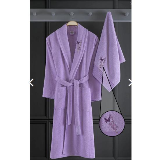 Alya Семейный халат из 4 предметов с вышивкой из хлопка Сиреневый I Серый