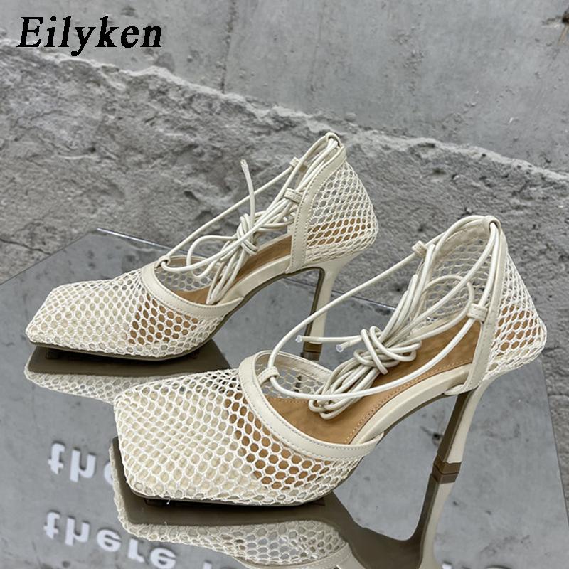 Fashion Eilyken Sexy Mesh Pumps Sandals Female Square Toe High Heel Lace Up Cross-Tied Stiletto Hollow Dress Shoes Zapatos Mujer
