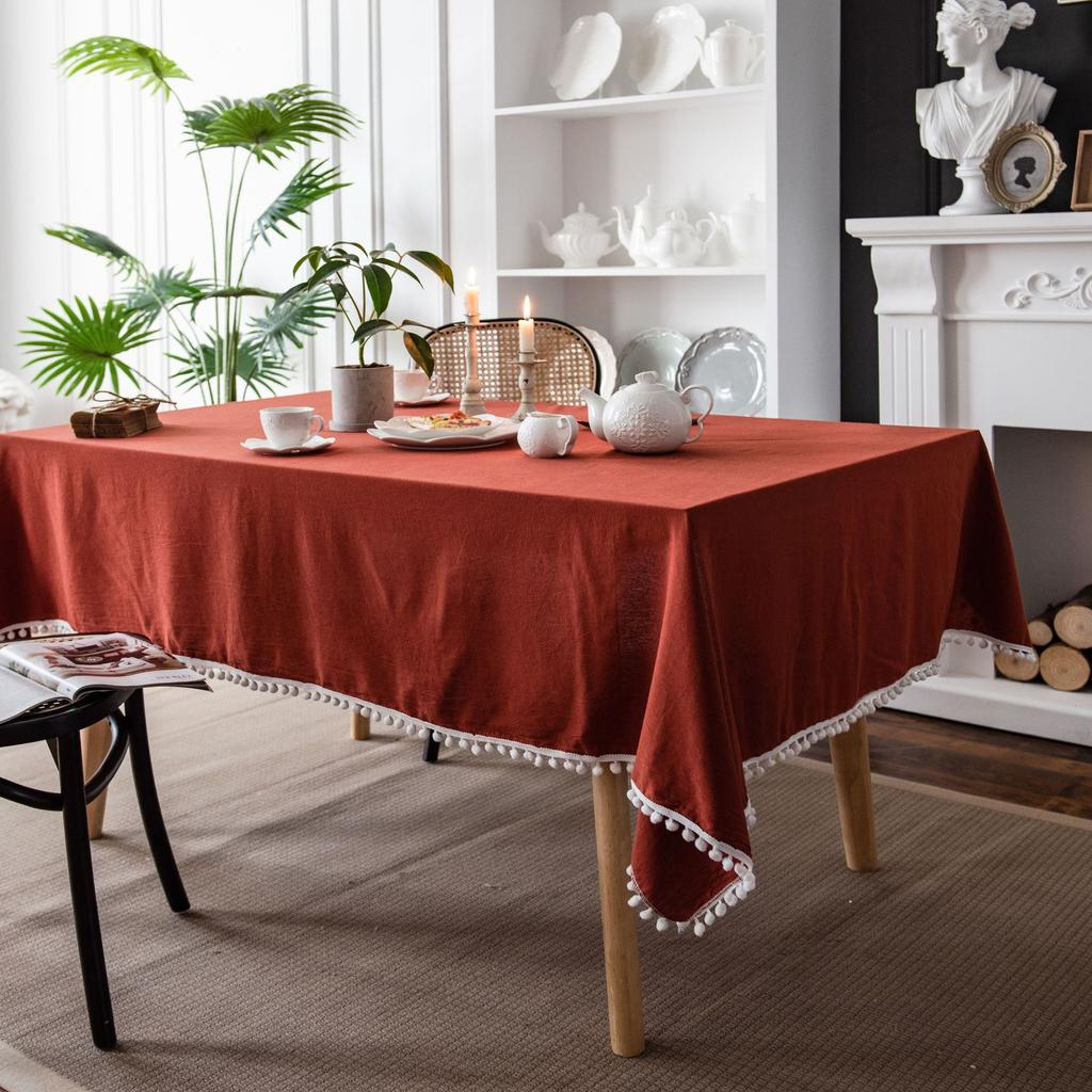 Decorative tablecloth, solid color tablecloth, tablecloth with pompom tassels, long tablecloth for kitchen restaurant, party, festival - 1 piece