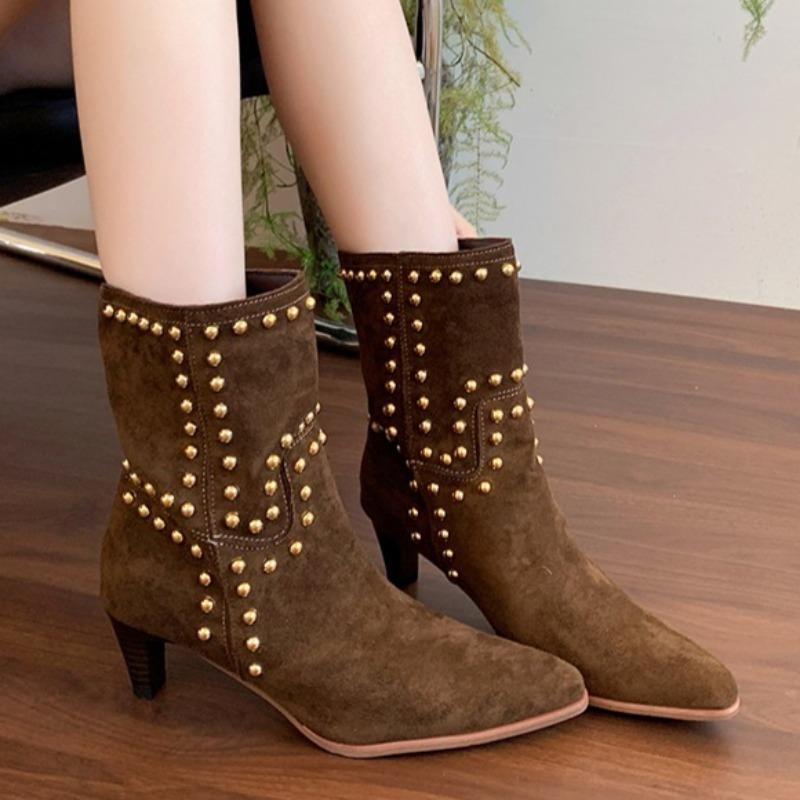 Elegant Suede Women Ankle Boots High Heels Pointed Toe Shoes Winter Pumps New Trend Goth Fashion Chelsea Short Botas Mujer