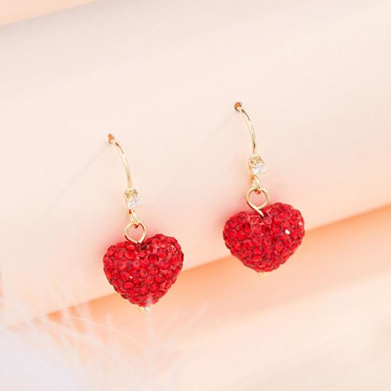 1 Pair Women Hook Earrings Artificial Crystal Red Heart Glitter Pendant Dangle Earrings Jewelry Gift