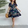 Women's Dress V-neck Waist Cinched Short Sleeve Printed Dress