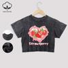 Heart Strawberry Prints Cotton Washed T-Shirts Fashion Summer Lace Hem Crop Tees Regular Fit O-Neck Short Sleeve Casual Clothes