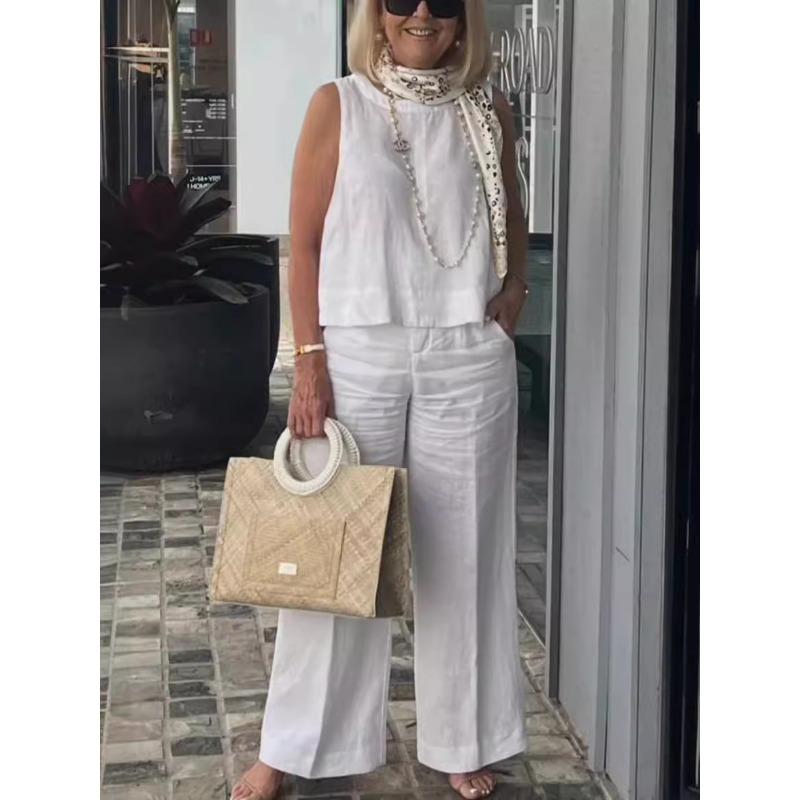 Women's Summer Fashion Simple Sleeveless Top Loose Wide Leg Pants Cotton Linen Set Suits & Sets Women’s