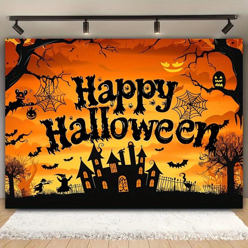 1 Halloween Happy Party Background Cloth - Horror Pumpkin Bat and Misty Forest Scene Party Banner