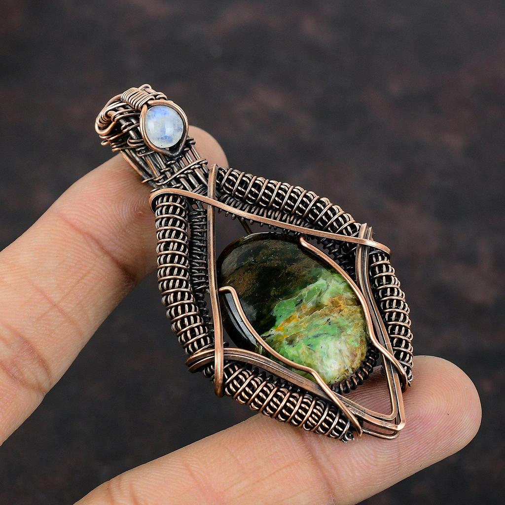 Австралийский хромированный кулон с халцедоном, кулон с радужным лунным камнем, медная проволока, кулон, ювелирные изделия из драгоценных камней, кулон ручной работы, медные ювелирные изделия