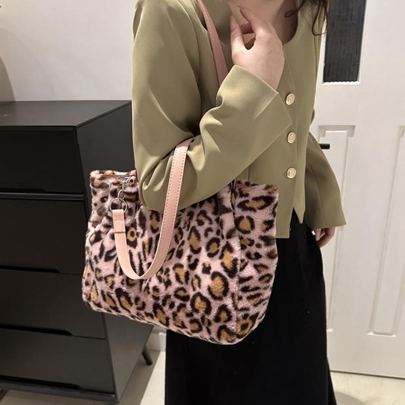 Теплая плюшевая сумка через плечо с леопардовым узором для путешествий, женская, большая вместительная сумка-тоут с цепочным декором, винтажная мягкая сумка из искусственного меха с ручкой сверху, MIT