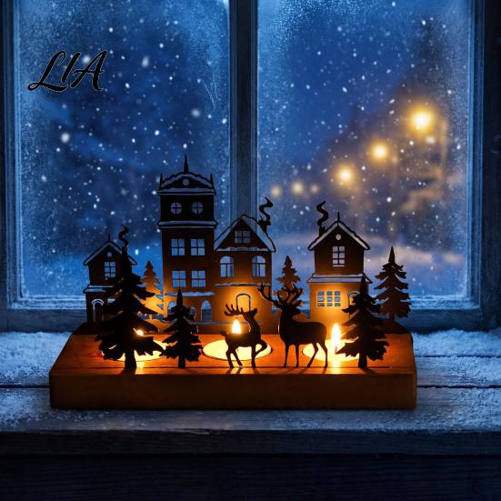 Elk Sleigh Candle Display Christmas Town Silhouette Holder, Wooden Tea Light Stand for Holiday Tabletop Decor Decoration, Metal Festive Fireplace and