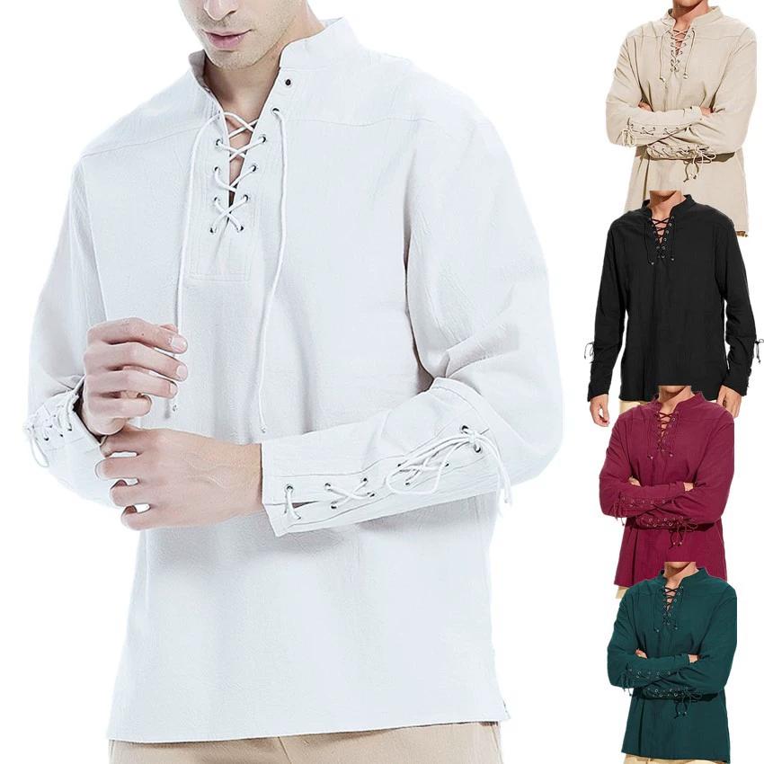 Cotton Linen Shirts for Men Medieval Costume Beach Tops Shirt Pull On Male Loose Casual Streetwear Cosplay Long Sleeve
