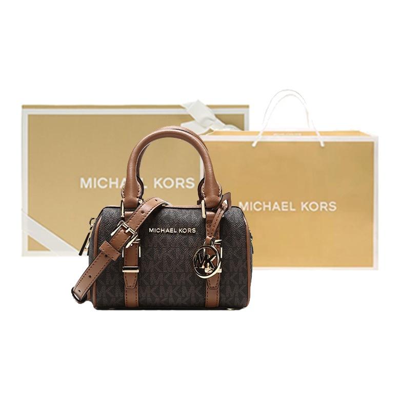 Michael Kors Bedford Металлический Логотип Шарм Монограмма Color Block Сумка через плечо Сумка Boston Женские сумки Acorn-Brown 32F9G06C0B-252