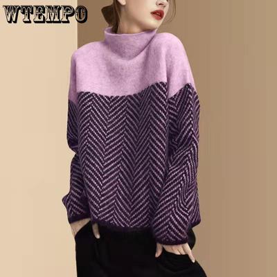 Вязаный свитер в стиле ретро с цветными блоками, полувысоким воротом, осенне-зимний, новый, свободный пуловер