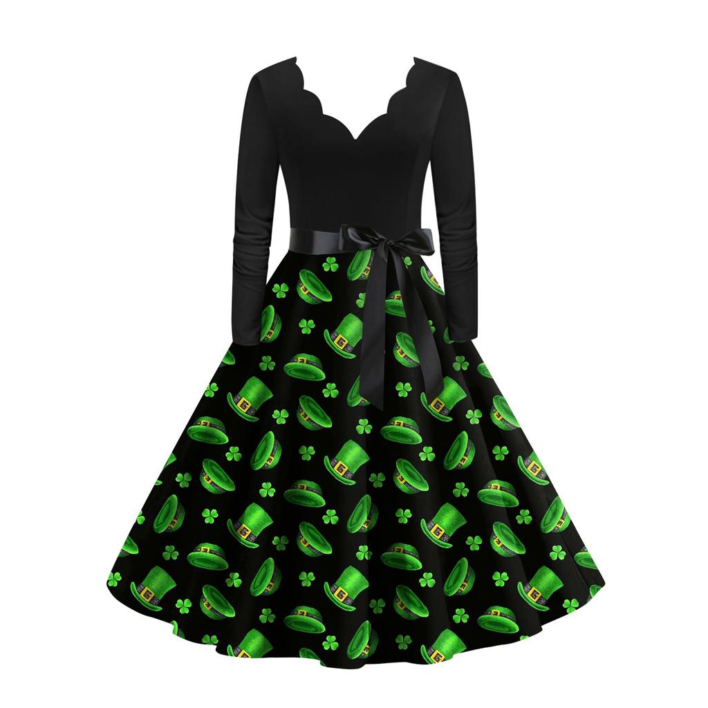 Women's Vintage Classic Dress Long Sleeve St. Patrick's Day Print V-neck Swing Dress
