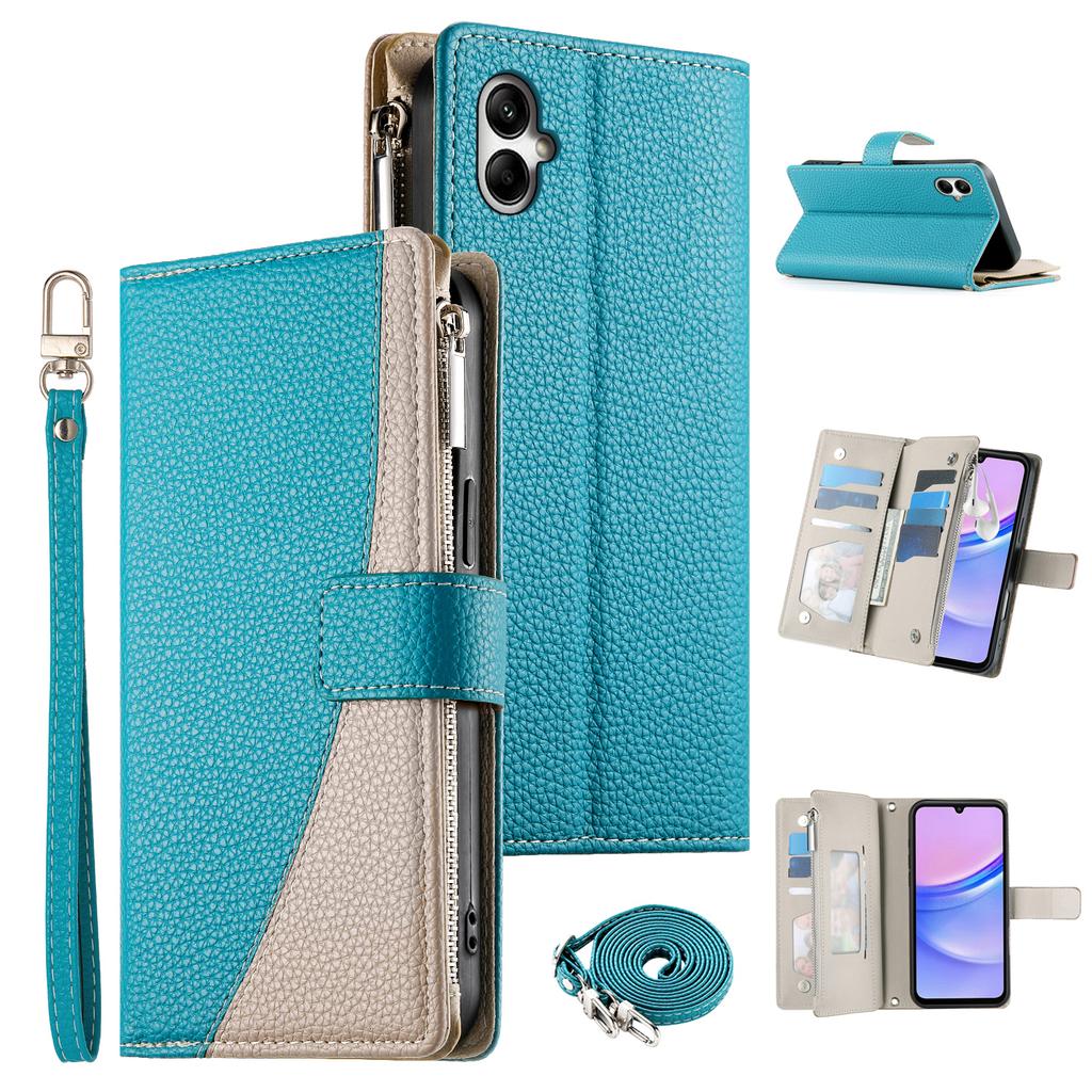For Samsung Galaxy A05 4G Case Zipper Wallet Color Splicing Leather Flip Phone Cover with Straps