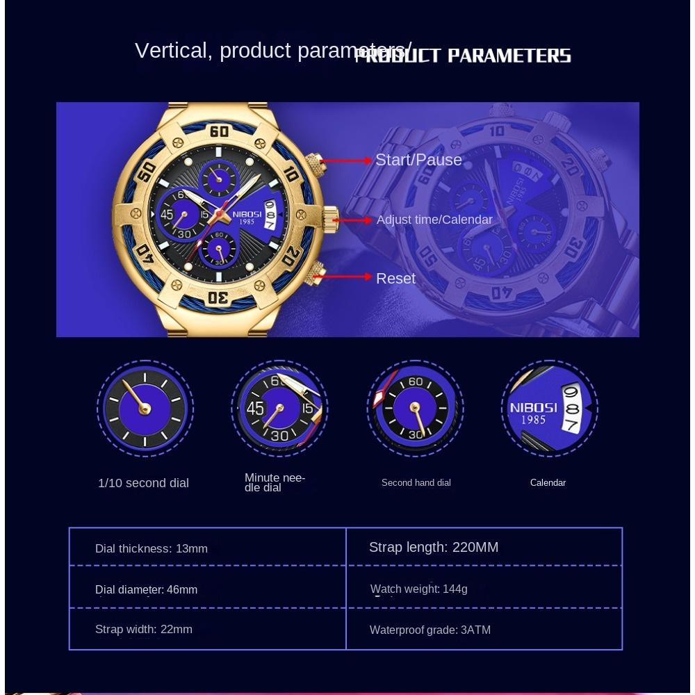 NIBOSI Новые многофункциональные мужские часы Модные деловые кварцевые часы