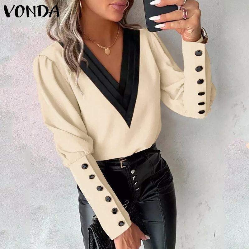 VONDA Женские осенние блузки с V-образным вырезом и длинным рукавом, украшенные запонками