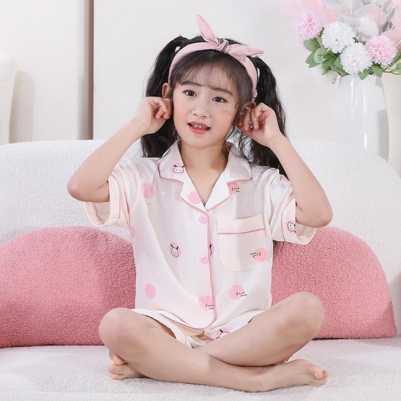 Пижамные комплекты Cross-border Summer Cloud Cotton Cartoon для девочек — топы с короткими рукавами и шорты для детей среднего и старшего возраста.