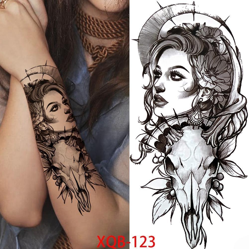 1 PC 210*114MM Cat Geometry Black Temporary Tattoos For Men Women Black Forest Skull Tiger Wolf Tattoo Sticker Evil Devil Arm Tattoo