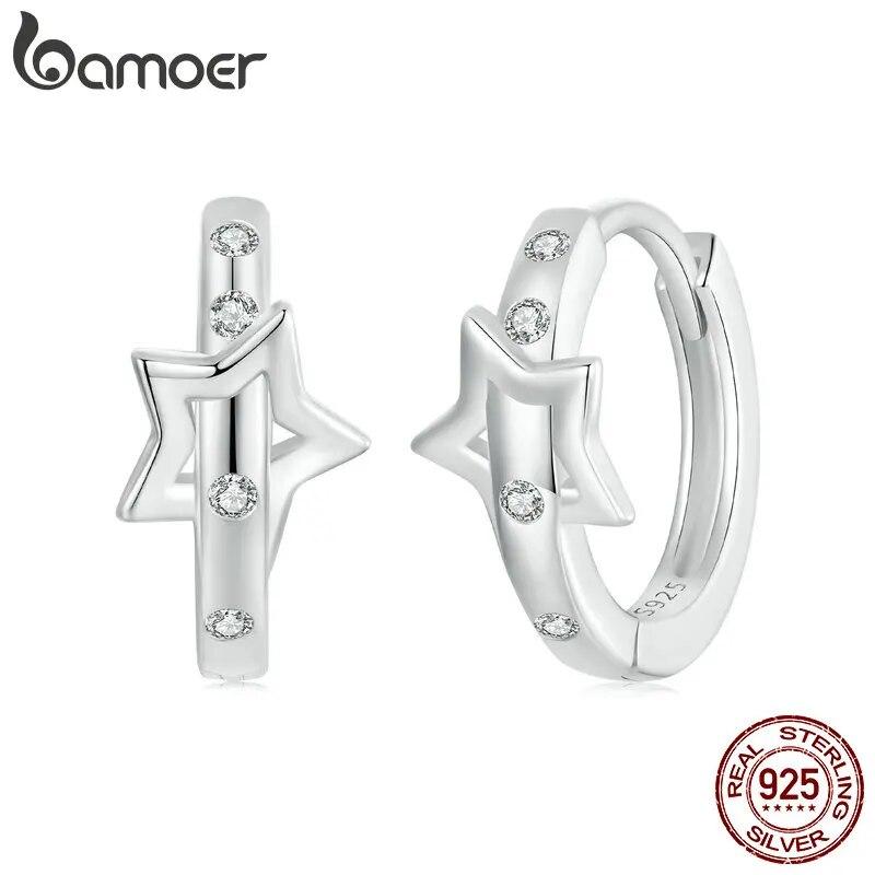 Серьги Huggie BAMOER с покрытием из белого золота, гипоаллергенные маленькие серьги-кольца из стерлингового серебра 925 пробы с фианитами и звездами для женщин